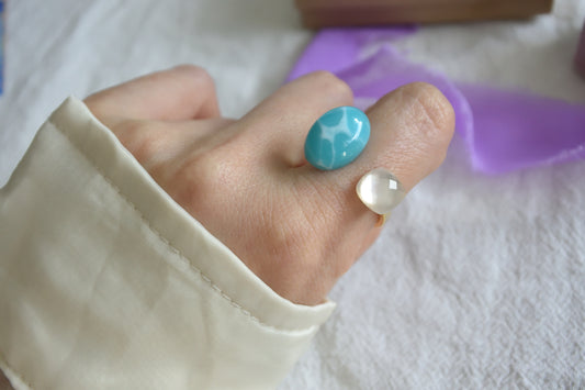 Claude Monet "La plage à Pourville" Adjustable Double Gemstone Rings - 1