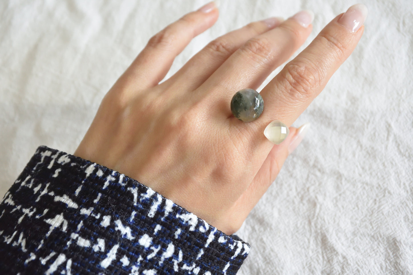 Claude Monet "Morning on the Seine near Giverny" Adjustable Double Gemstone Ring  - 1