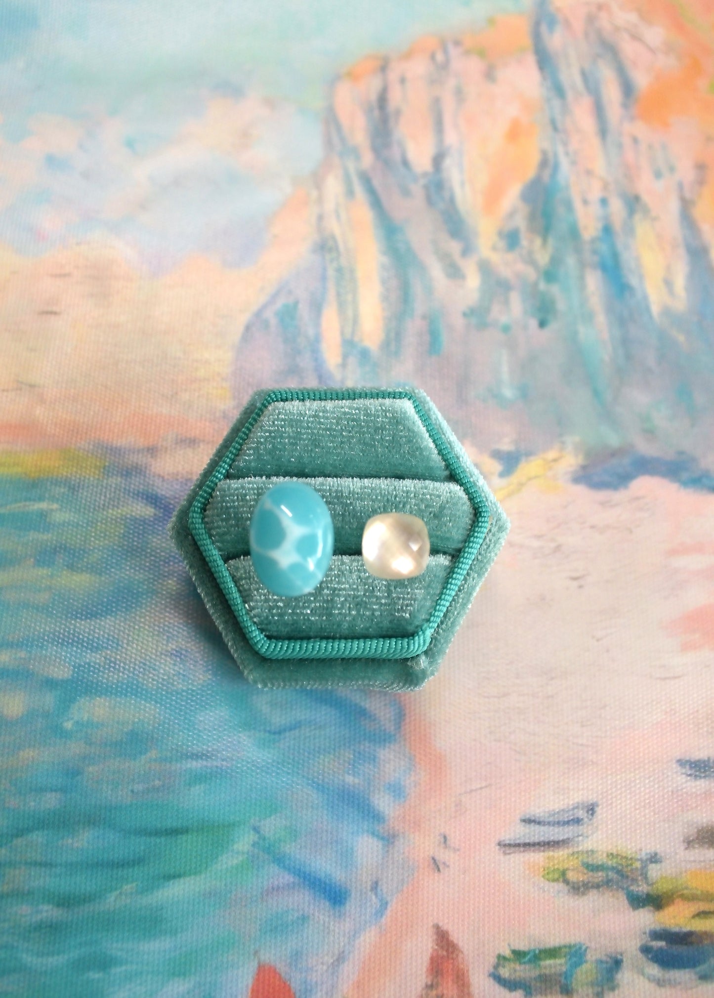 Claude Monet "La plage à Pourville" Adjustable Double Gemstone Rings - 1